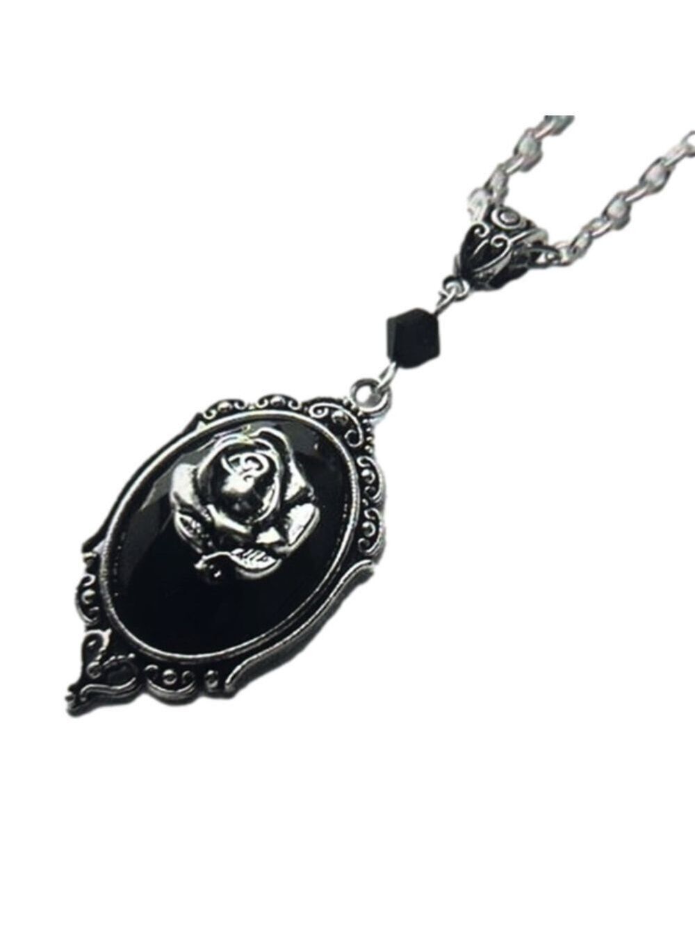 Silver Black Rose Pendant Embossed Crystal